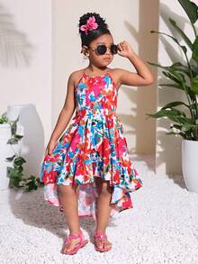 Young Girl Casual Vacation Daily Halter Curved Hem Dress, Vacation Print - Multicolor - View 5