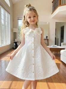 Elladie kids Đầm trắng không tay cho bé gái, chất liệu jacquard, có hàng cúc vàng phía trước, hai bông hồng trắng trang trí trên vai, dáng chữ A ôm sát và dây đeo vai vuông, kiểu dáng cổ điển nhưng thanh lịch, phù hợp cho các bữa tiệc, lễ kỷ niệm, ngày lễ, cũng như các buổi đi chơi mùa xuân/hè và đi học. - trắng - Xem 11