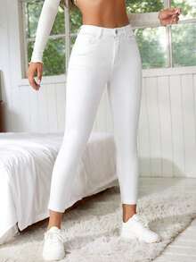EMERY ROSE Celana Jeans Wanita Model Skinny Pinggang Tinggi dengan Kantong, Kasual, Serbaguna, Panjang 3/4 - Putih - View 3