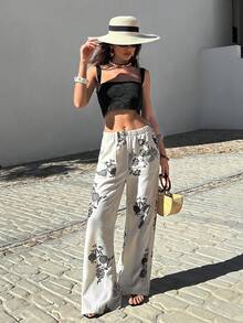 EURMUSE Women Linen Fabric And Printed Detailed Wide Leg Pants Fake Linen - Beige - View 3
