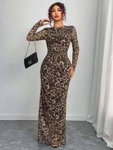 Rafferiza Tall Elegante abito con stampa leopardata, orlo a coda di pesce, maniche lunghe, autunno, per donne alte - Marrone Cioccolato - Visualizzare 7