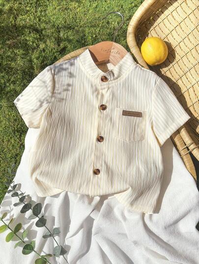 SHEIN Vintaside Kids New Arrival Baby BoySummer Tops New Mandarin Collar Striped Short Sleeve Shirt With Pocket Decor, Simple Versatile Fashionable Cute Vacation Stylish Boys Casual Shirt