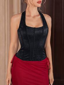 1pc Women Elegant Jacquard Backless Halter Neck Shaping Camisole - Black - View 3