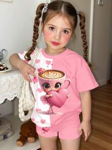 SHEIN 2pcs/Set Baju Lengan Pendek dan Celana Pendek Motif Balerina & Cappuccino Lucu untuk Anak Perempuan, Cocok untuk Musim Panas, Kembali ke Sekolah - MultiWarna - View 3