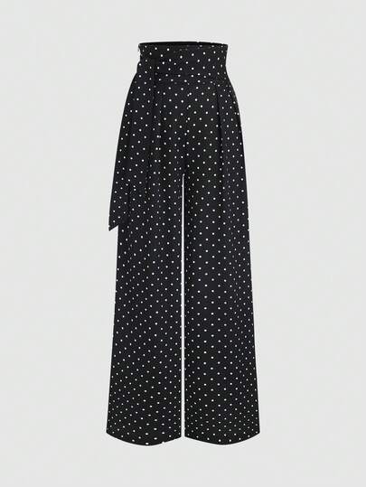 Sweetra Pantalon casual à taille haute avec nœud, à pois noir et blanc, polyvalent pour toutes les saisons