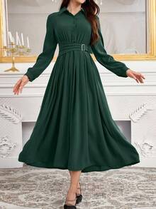 Modelyn Simple Button Front Belted Collar Long Sleeve Modest Dress Long Evening Dresses - Dark Green - View 5