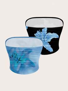 SHEIN EZwear 2pcs Women Casual Asymmetrical Hem Ruched Fitted Tube Top - Multicolor - View 2