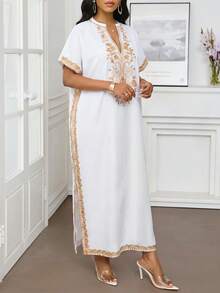 SHEIN Lady Women's Graphic Print Notched Neck Casual Short Sleeve Dress White Maxi Dress Women Boho White Dress White Beach Cover Up - Multicolor - View 3