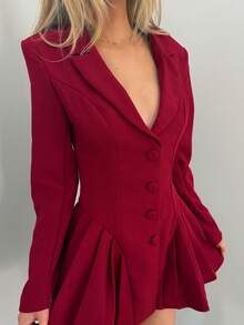 Sydney Algeri 1pc Women Solid White Sexy Deep V Neck Lapel Button Front Long Sleeve Elegant Pleated Dress,Business Casual Woman,Elegant Dresses For Party - Burgundy - View 6