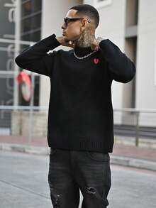 Devon Thys 休闲宽松圆领毛衣，慵懒时尚套头衫，饰有刺绣爱心图案，适合春、秋、冬穿着，男女皆宜 - 黑色 - 查看 4