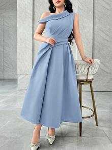 Feyla Asymmetric Ruched Waist A-Line Elegant Party Dress, Suitable For Social Gatherings - Baby Blue - View 4