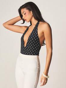 MISSGUIDED Polka Dot Deep V Neck Halter Bodysuit With Open Back Design And Classic Black White Pattern For Casual Summer Outfits - Black and White - View 5