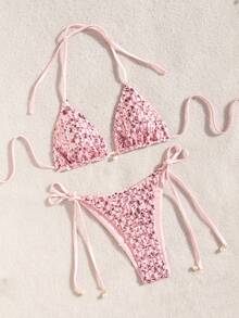 Costavie Swim Basics 两件套亮片纹理面料珍珠装饰挂脖三角文胸和侧系带泳裤性感比基尼套装，春夏海滩度假 - 彩色 - 查看 5