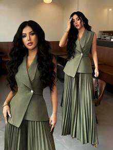 Rafferiza Bộ 2 áo không tay ve hở phía trước màu xanh quân đội có viền không đều + quần xếp ly cạp chun, thích hợp cho mùa xuân, mùa hè, mùa thu, mùa đông, Halloween, Giáng sinh, năm mới, lễ Tạ ơn, trang phục thanh lịch dành cho nữ, bộ đồ thường ngày dành cho nữ khi đi làm, đi công tác, đi chơi, văn phòng tại nhà - xanh quân đội - Xem 1