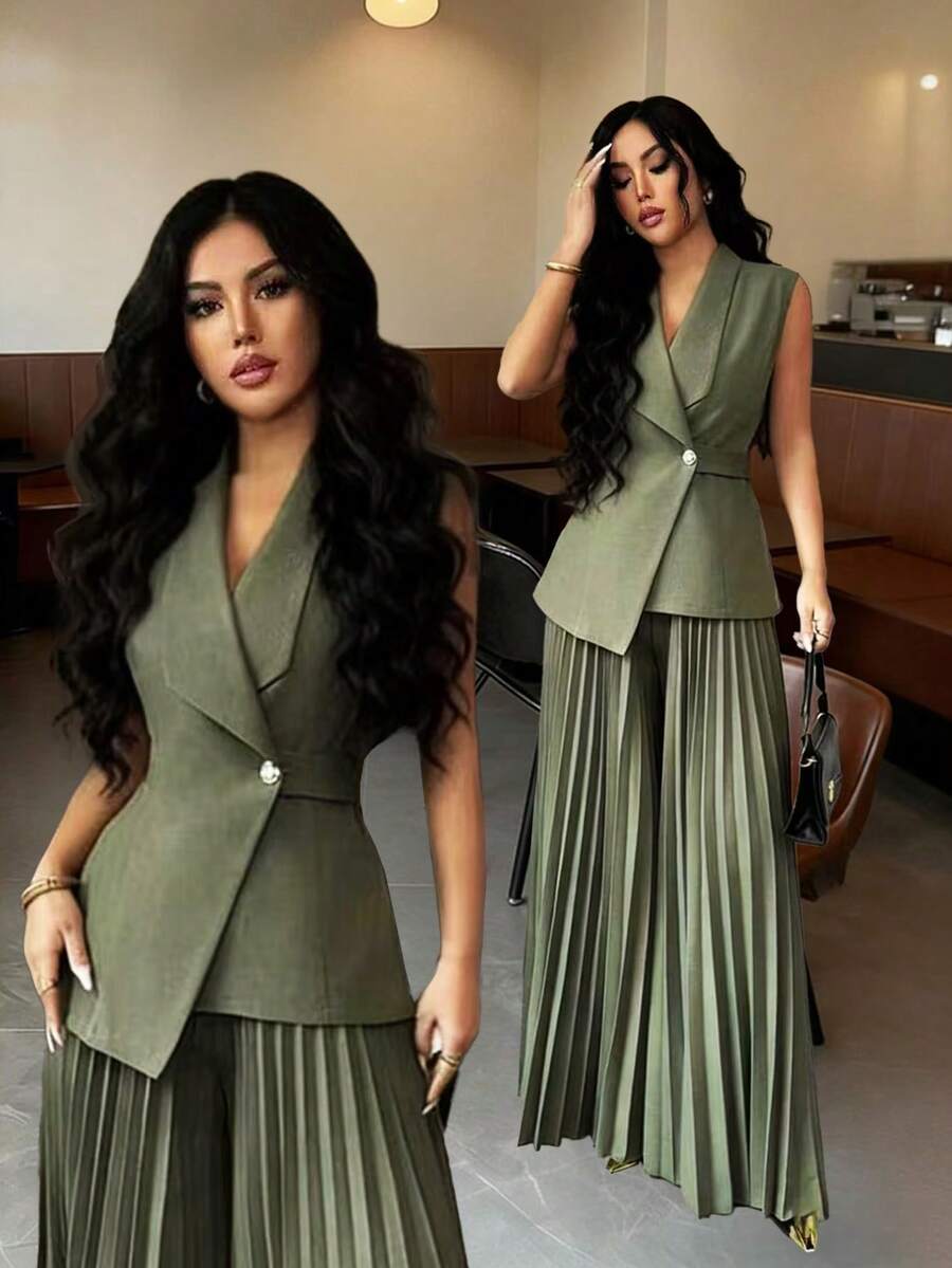 Rafferiza Bộ 2 áo không tay ve hở phía trước màu xanh quân đội có viền không đều + quần xếp ly cạp chun, thích hợp cho mùa xuân, mùa hè, mùa thu, mùa đông, Halloween, Giáng sinh, năm mới, lễ Tạ ơn, trang phục thanh lịch dành cho nữ, bộ đồ thường ngày dành cho nữ khi đi làm, đi công tác, đi chơi, văn phòng tại nhà - xanh quân đội - Xem 1