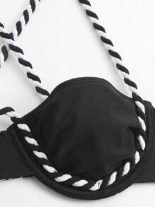 Bonvoyette Women's Black & White Spaghetti Strap Tie-Up Sexy Beach 3 PiecesBikini Swimwear, Summer - Black - View 7