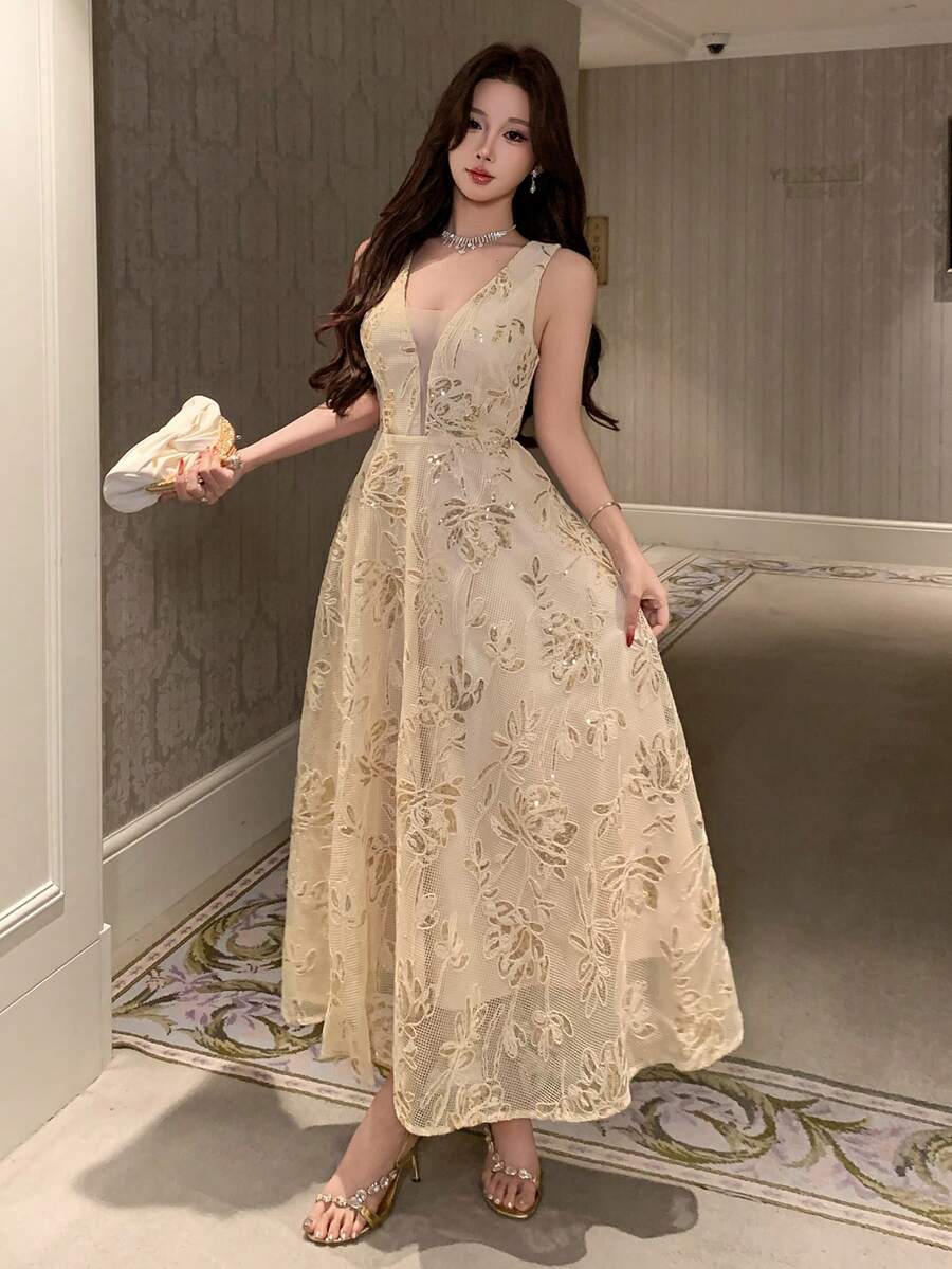 DAZY 女士优雅花卉亮片纹理V领无袖长连衣裙，适合春夏穿着 - 米色 - 查看 1