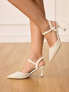 CUCCOO HITCHD 女士尖头搭扣设计时尚高跟鞋，适合日常穿着 - 米色 - 查看 7