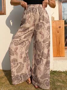 Vivie Lora 女士弹力腰带休闲百搭日常阔腿裤，腰果印花 - 卡其色 - 查看 4