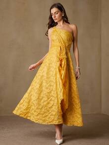 BELROSIE Sweet Vacation Style Asymmetric Shoulder Pleated Ruffle Trim Sleeveless Dress - Yellow - View 7