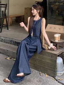 DAZY 女士圆领短款牛仔背心和裹身式长裙牛仔套装，时尚度假风 - 深色水洗藍 - 查看 3