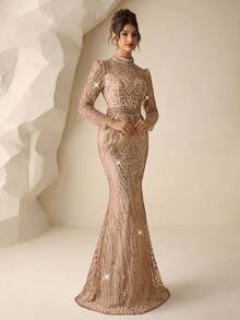 Coutiva 优雅高领亮片刺绣珍珠水钻设计，长袖鱼尾裙摆正式晚礼服，专为婚礼宾客、舞会礼服、晚宴礼服而设计。 - 香檳色 - 查看 8
