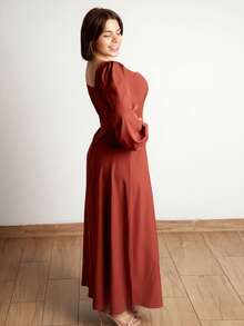 Lupita Cardoza Women's Fall Elegant Square Collar Puff Sleeve Waisted Maxi Dress, Suitable For Daily Commute - Brown - View 5