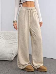 SHEIN Tall 女士休闲抽绳腰宽松运动裤，夏季商务休闲女装，工装裤，毕业季，返校季，毕业典礼，女教师款，返校季 - 卡其色 - 查看 3