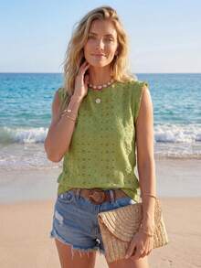 Sylviya Women's Solid Color Hollow Out Embroidery T-Shirt,Casual - Green - View 3