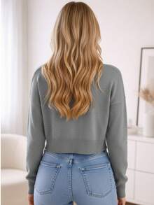 Sueter básico dama mujer ligero crop botones completo cómodo versátil - Gris - Ver 2