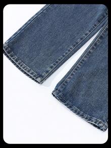 SHEIN Tween Girl Y2K Street Daily Elastic Waist Straight Jeans With Flat Pockets, Girls Daily OOTD Outfits Fall Winter - Dark Wash - View 3