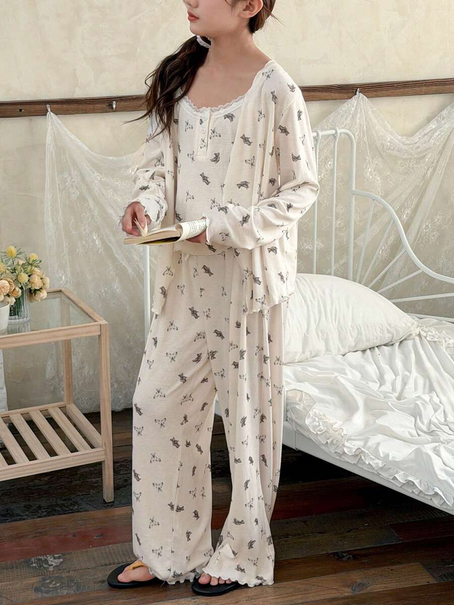 DAZY Conjunto de pijama de primavera para niña preadolescente con bata de manga larga con estampado de oso de dibujos animados, camiseta y pantalones - Albaricoque - Ver 1