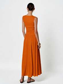 Aveloria Modichic White Minimalist Sophisticated Pleated Crew Neck Sleeveless Dress - Burnt Orange - View 5