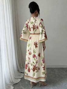 Yasmyna 女士印花V领喇叭袖优雅连衣裙，度假款 - 紅色 - 查看 2