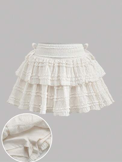 SHEIN Tween Girl Apricot Elegant Minimalist Drawstring Ruched Bow Tie Design Short Skirt