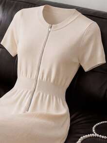 Franclia Women's Elegant Sexy Round Neck Short Sleeve Zipper Front Waist Cinched A-Line Dress, Suitable For Work Golf, Spring/Summer White - Apricot - View 8