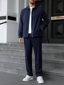 Manfinity Homme Conjunto de chaqueta con cremallera y pantalones largos con cordón en la cintura, unicolor minimalista para uso casual y de oficina para hombres, primavera/otoño - Azul Marino - Ver 5