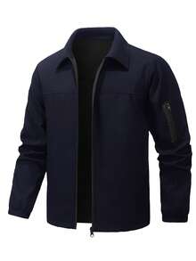 Manfinity Homme Men's Casual Solid Color Arm Zipper Pocket Lightweight Jacket,Navy Blue,Autumn,Smart Casual,Hiking,Fall Long Sleeve Zip Up Coffee Brown Tops For Men - Navy Blue - View 5