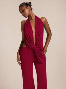 SHEIN BAE 女士红色雪纺拼接针织紧身喇叭连体裤，红色连体裤 - 紅色 - 查看 6