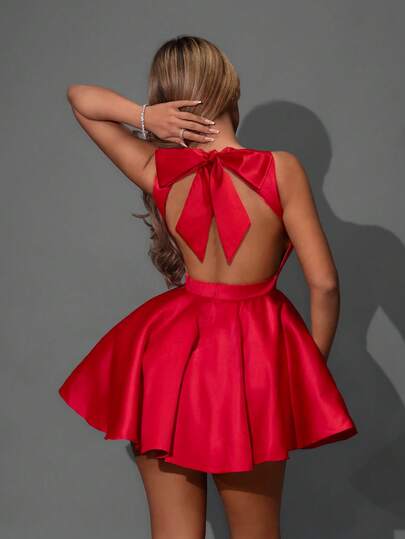 SHEIN ICON Women's Valentine's Day Holiday Party Sexy Prom Formal Birthday Wedding Guest Graduation Red Solid Color Round Neck Sleeveless Elegant Fashion Mini Dress,Date Night