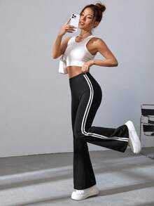 SHEIN EZwear 春季黑色条纹喇叭裤 - 黑色 - 查看 3