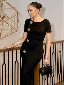 Melissa Matos 女士优雅办公室毕业紧身开衩连衣裙 - 黑色 - 查看 3