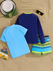 SHEIN 3pcs Kids/Tween Boys' Casual Versatile Printed Rash Guard Set, Including Crew Neck Short Sleeve Swimsuit, Long Sleeve Wetsuit, And Printed Swim Trunks - Multicolor - View 2