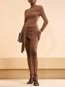 Zivah Women's Chic Coffee Brown Autumn Long Sleeve Round Neck Bodycon Dress,Chest Ruched Panel,Asymmetric Hem Draped Wrap Mini Dress For Party & Night Out - Brown - View 10
