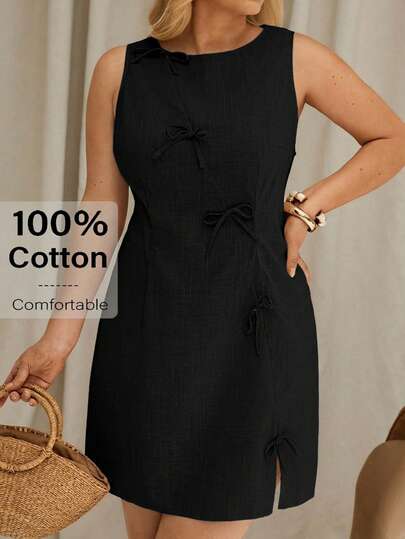 Auralis 2025新款大码女装连衣裙：波西米亚风办公室女神迷你连衣裙 - 亚麻棉混纺米色无袖连衣裙，饰有蝴蝶结，A字版型，适合夏季工作日到周末的各种场合，度假装扮，女士夏季服装，女士夏季连衣裙，波西米亚风女装