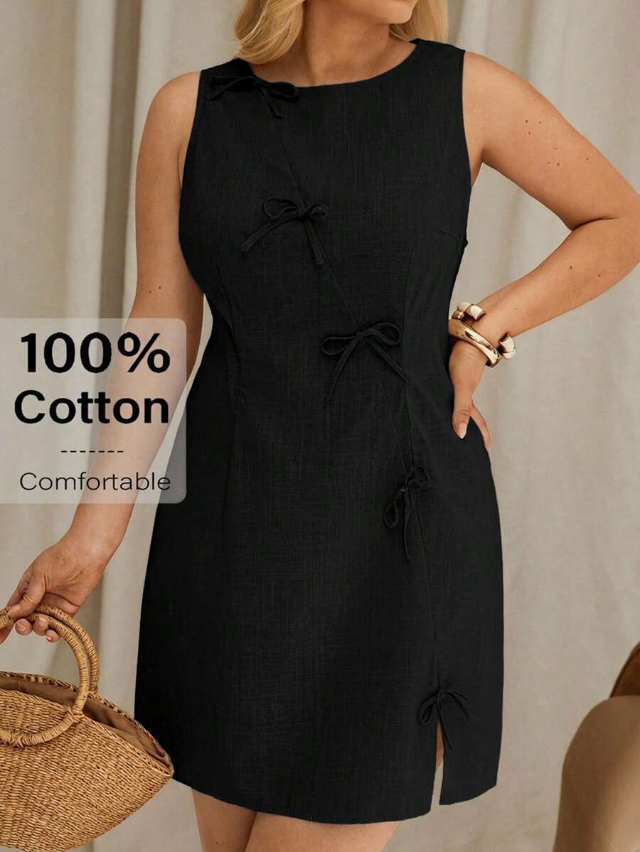 Auralis 2025新款大码女装连衣裙：波西米亚风办公室女神迷你连衣裙 - 亚麻棉混纺米色无袖连衣裙，饰有蝴蝶结，A字版型，适合夏季工作日到周末的各种场合，度假装扮，女士夏季服装，女士夏季连衣裙，波西米亚风女装 - 黑色 - 查看 1