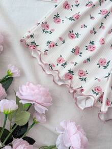 SHEIN Bộ đồ ngủ trẻ em Dozemod dành cho bé gái tuổi teen, in họa tiết hoa, viền nơ và áo hai dây, gồm áo hai dây và quần short, kiểu dáng thoải mái, ôm sát, 2 món, màu hồng. - Màu Hồng baby - Xem 6