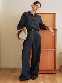 Dazy-Less Women's Casual Commuter Shirt & Jeans Set - Blue - View 6