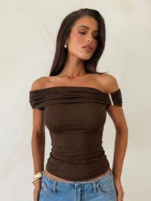 Aloruh Asymmetrical Asymmetric Shoulder Knit T-Shirt Top, Purple-Red - Apricot - View 6