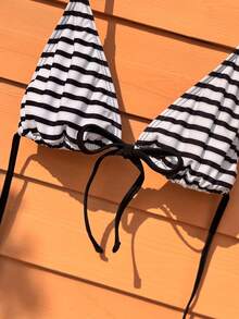 Bonvoyette 黑白条纹雪纺柔软材质露背系带比基尼泳装 - 黑與白 - 查看 3